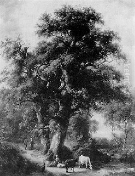 Eichwald Mit Viehhirten Und Bachlauf Oil Painting by Philipp Janz