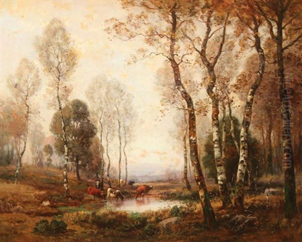 Bucolic Wooded Landscape With Cattle Watering Oil Painting by Louis-Aime Japy