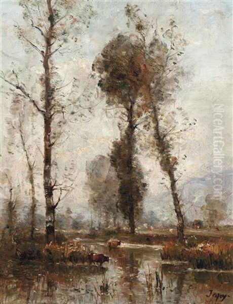 Cattle Fording The River Oil Painting by Louis-Aime Japy