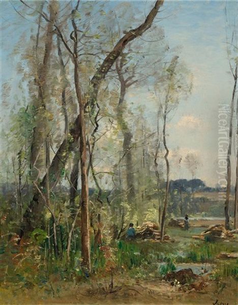 Laubwald Am Fluss Mit Holzfaller Oil Painting by Louis-Aime Japy
