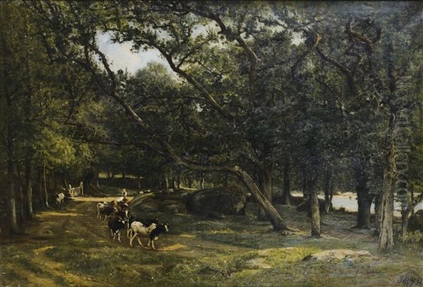 Troupeau De Vaches Sur Un Chemin Oil Painting by Louis-Aime Japy