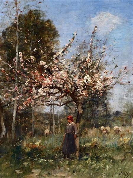 Schaferin Im Fruhling Unter Einem Bluhenden Apfelbaum Oil Painting by Louis-Aime Japy