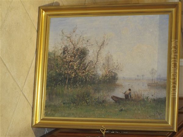 Pecheur Et Sa Barque Au Bord De L'etang Oil Painting by Louis-Aime Japy