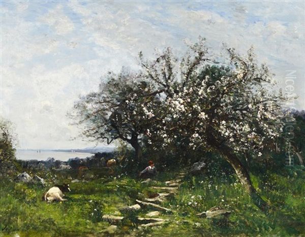 Bluhender Obstgarten. Links Ein Ausblick Auf Einen See Oil Painting by Louis-Aime Japy