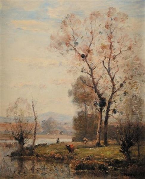 Fermiere Et Vaches En Bord De Riviere Oil Painting by Louis-Aime Japy