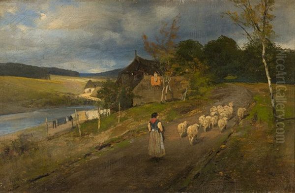 Gehoft Mit Bauerin Und Schafherde Oil Painting by Louis-Aime Japy