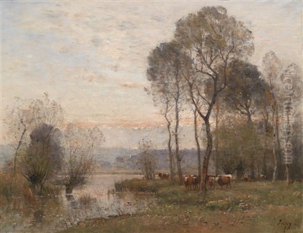 Aulandschaft Mit Kuhen Im Abendrot Oil Painting by Louis-Aime Japy