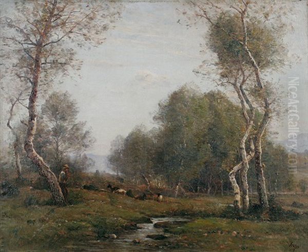Flotespielender Hirte Mit Seiner Herde Bei Einem Bachlauf Oil Painting by Louis-Aime Japy