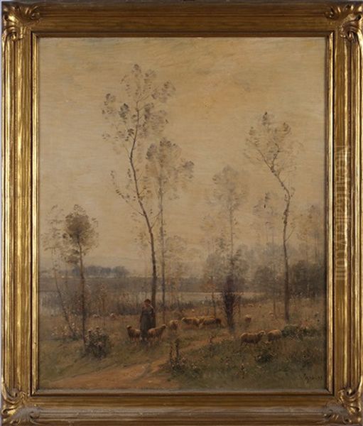 Landscape With Shepherdess And Flock Near A Wooded Pond Oil Painting by Louis-Aime Japy