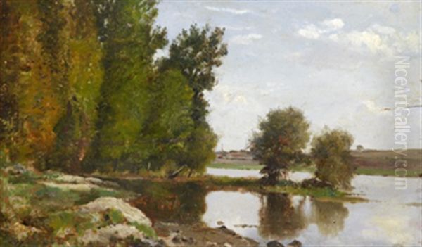 Insjo Med Skogsdunge Och Bondgard Oil Painting by Louis-Aime Japy