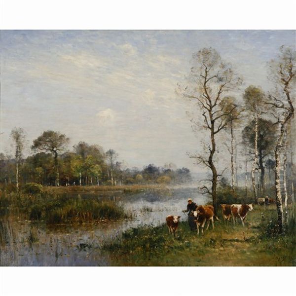 Herd Of Cows And A Farmer Oil Painting by Louis-Aime Japy