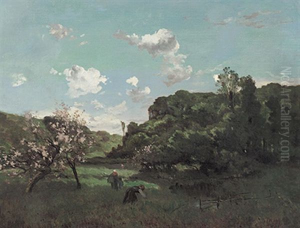 Fruhlingslandschaft Mit Bluhenden Apfelbaumen Und Figurenstaffage Oil Painting by Louis-Aime Japy