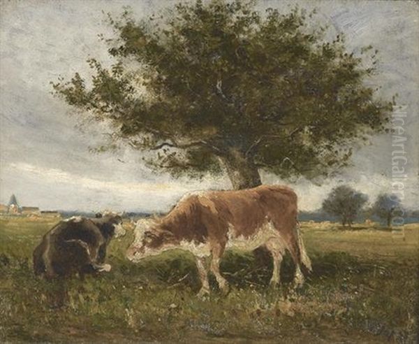Landschaft Mit Kuhen Unter Einem Baum Oil Painting by Louis-Aime Japy
