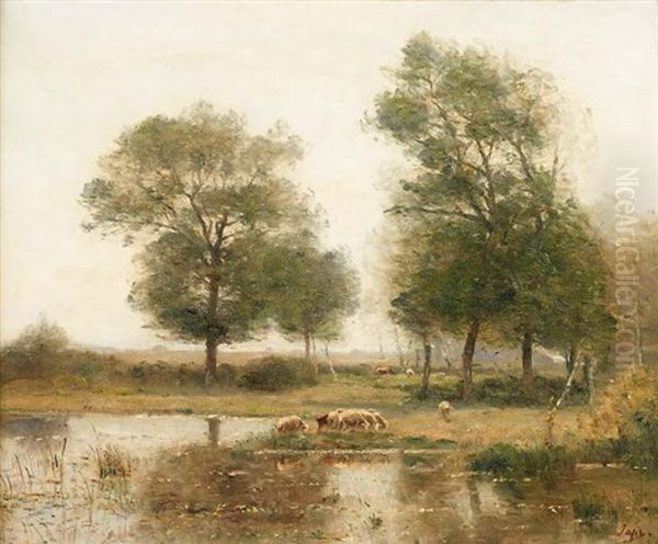 Troupeau Au Bord De L'etang Oil Painting by Louis-Aime Japy