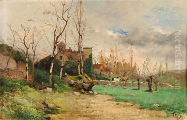 Landschaft Mit Bauernhaus Und Weidenden Kuhen Oil Painting by Louis-Aime Japy