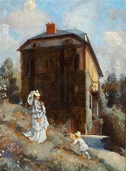 Kvinde Og Barn Ved Et Hus Oil Painting by Louis-Aime Japy