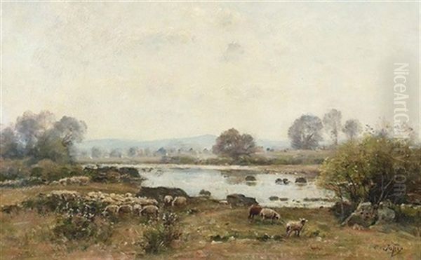 Teichuferpartie Mit Schafherde Oil Painting by Louis-Aime Japy