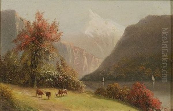 Mountain Landscape With Cattle (+ Another, Similar; 2 Works) Oil Painting by Louis-Aime Japy