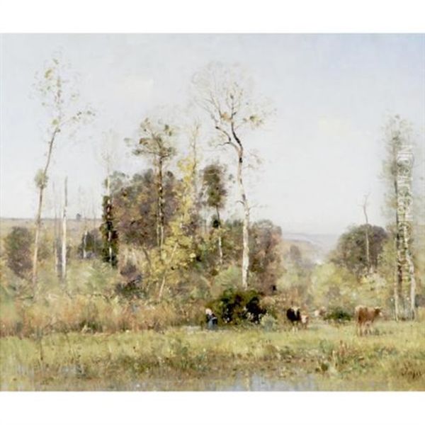 Cattle Grazing By A Pond Oil Painting by Louis-Aime Japy