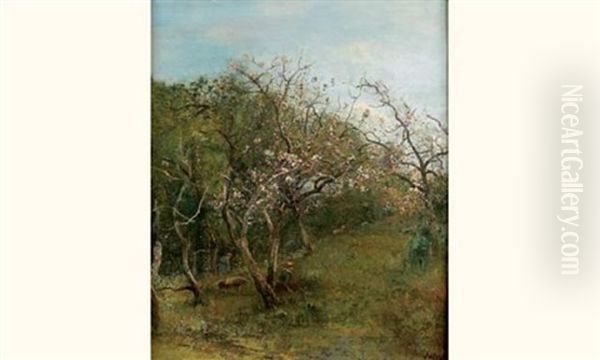 Bergeres Et Leur Troupeau Dans Un Verger Fleuri Oil Painting by Louis-Aime Japy