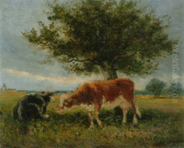 Weidelandschaft Mit Zwei Kuhen Oil Painting by Louis-Aime Japy