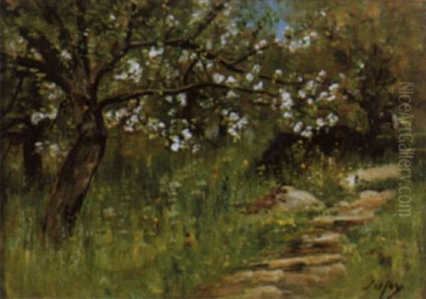 Fruhlingslandschaft Mit Bluhendem Apfelbaum Oil Painting by Louis-Aime Japy