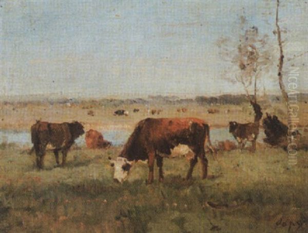 Sommerliche Wiesen- Und Flusslandschaft Mit Kuhherde Oil Painting by Louis-Aime Japy