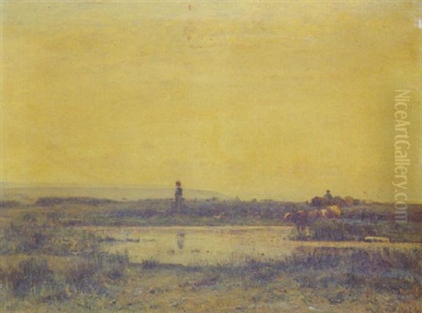 Troupeau A La Mare Oil Painting by Louis-Aime Japy