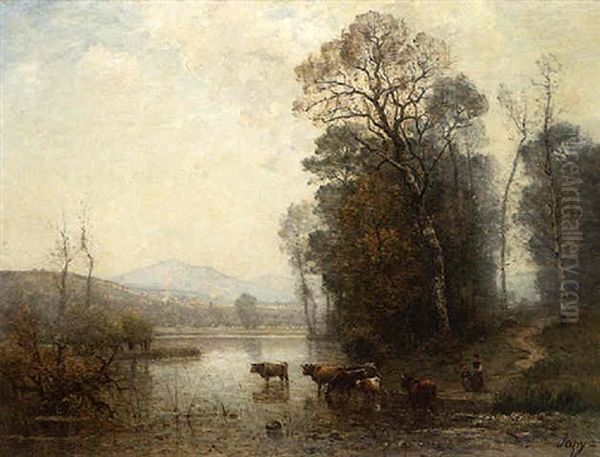 A Landscape With Cows Oil Painting by Louis-Aime Japy