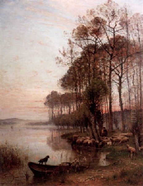 Franskt Sommarlandskap Med Herde Och Far - Solnedgang Oil Painting by Louis-Aime Japy