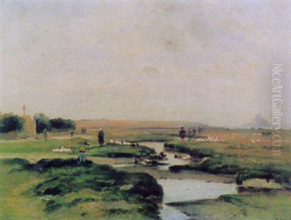 Ganse In Weiter Landschaft, Bei Mont St. Michel Oil Painting by Louis-Aime Japy