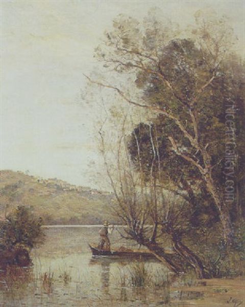 Landskab Med Mand, Der Stager En Bad Oil Painting by Louis-Aime Japy
