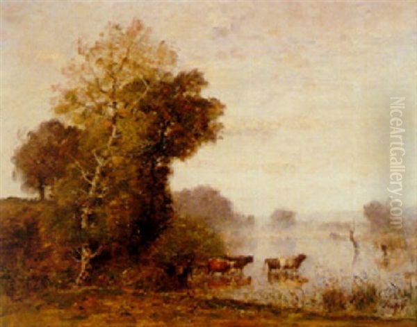 Cows Wading Oil Painting by Louis-Aime Japy