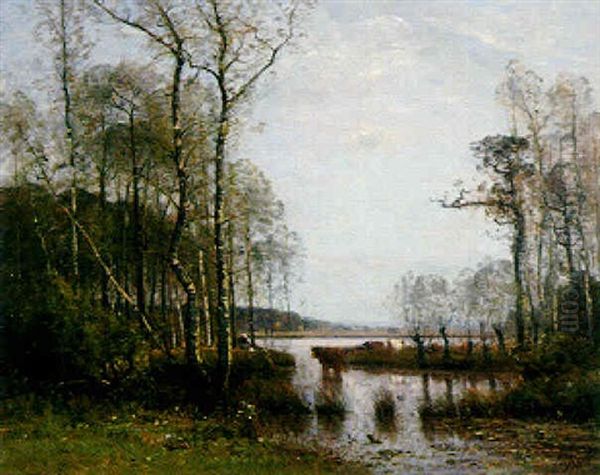 Cattle Watering Along The Banks Of A River Oil Painting by Louis-Aime Japy