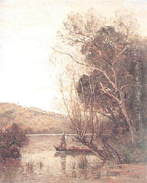 Franskt Flodlandskap Med Man Bat Oil Painting by Louis-Aime Japy