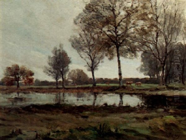 Cattle Grazing By A Lake Oil Painting by Louis-Aime Japy