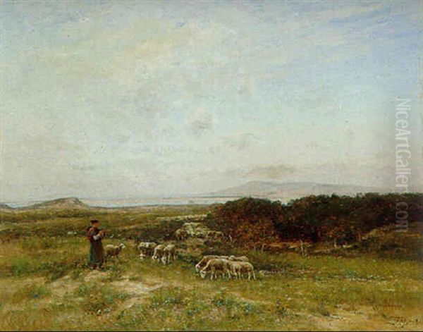 Schaferin Mit Herde In Weiter Heidelandschaft Oil Painting by Louis-Aime Japy