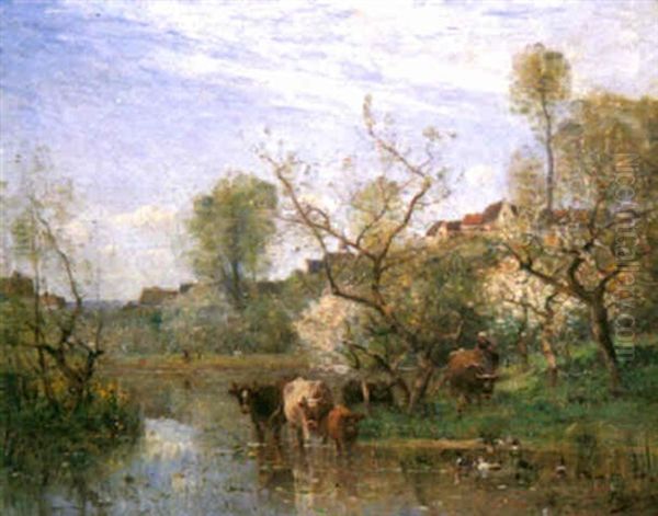 Cattle At A River In Spring Oil Painting by Louis-Aime Japy