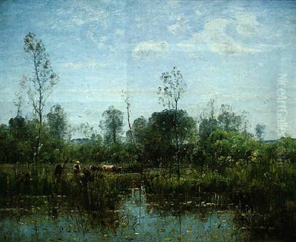 Vaches A La Mare Oil Painting by Louis-Aime Japy