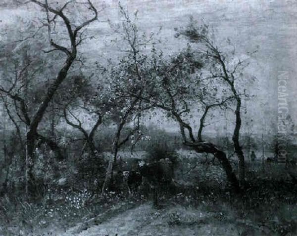 Vaches Sous Les Arbres Fleuris Oil Painting by Louis-Aime Japy