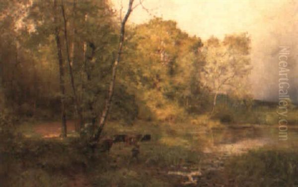 Landscape With Cattle Watering By A Lake Oil Painting by Louis-Aime Japy