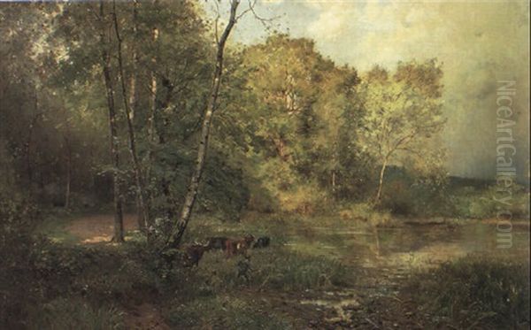 Sommarlandskap Med Boskap Vid Vattendrag Oil Painting by Louis-Aime Japy