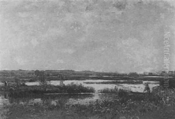 Figures In An Extensive Marsh Landscape Oil Painting by Louis-Aime Japy