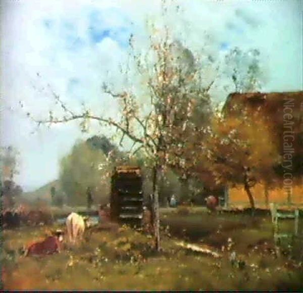 Kuhe Unter Bluhendern Baumen Oil Painting by Louis-Aime Japy
