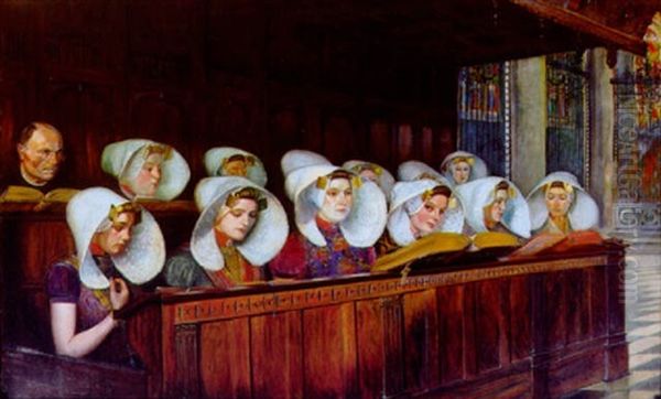 Les Beguines De La Ville De Goes, Hollande, A L'office Oil Painting by Cecil Jay