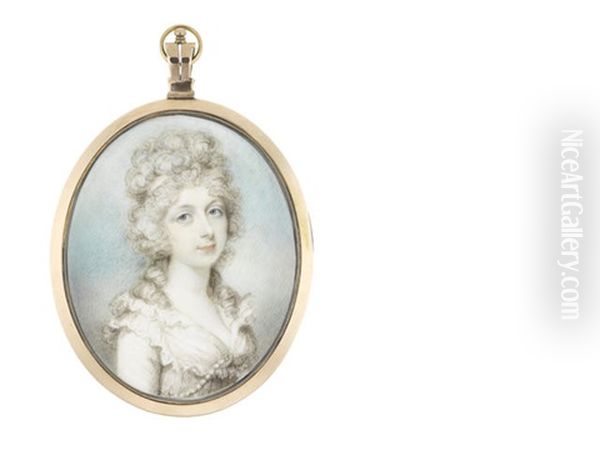 A Lady, Wearing White Dress Finished With A Strand Of Pearls And Double-tiered Collar Edged With Frilled Trim, Her Curled And Powdered Hair Secured With A Matching White Bandeau Oil Painting by Philip Jean