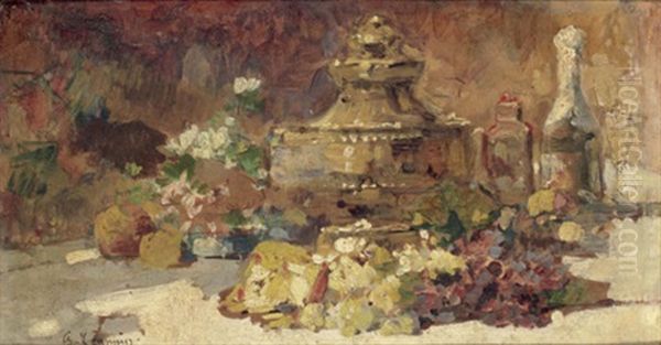 Bouquet De Fleurs Sur Une Table Oil Painting by Georges Jeannin