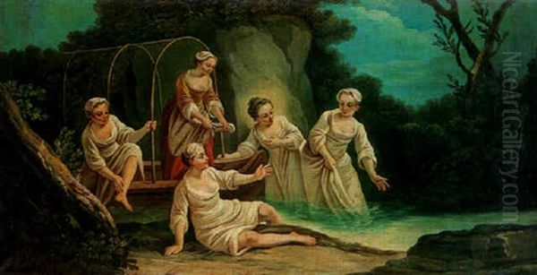 Cinq Jeunes Femmes Se Baignant Dans Un Ruisseau Oil Painting by Etienne Jeaurat