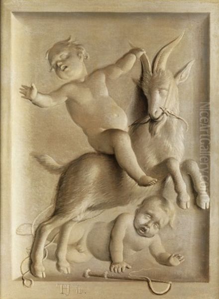 Ein Auf Einem Ziegenbock Reitender Putto Sowie Einem Am Boden Liegenden Weiteren Knabchen Oil Painting by Tako Hajo Jelgersma