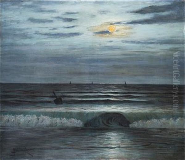 Night Sea Surf Oil Painting by Josef Jelinek